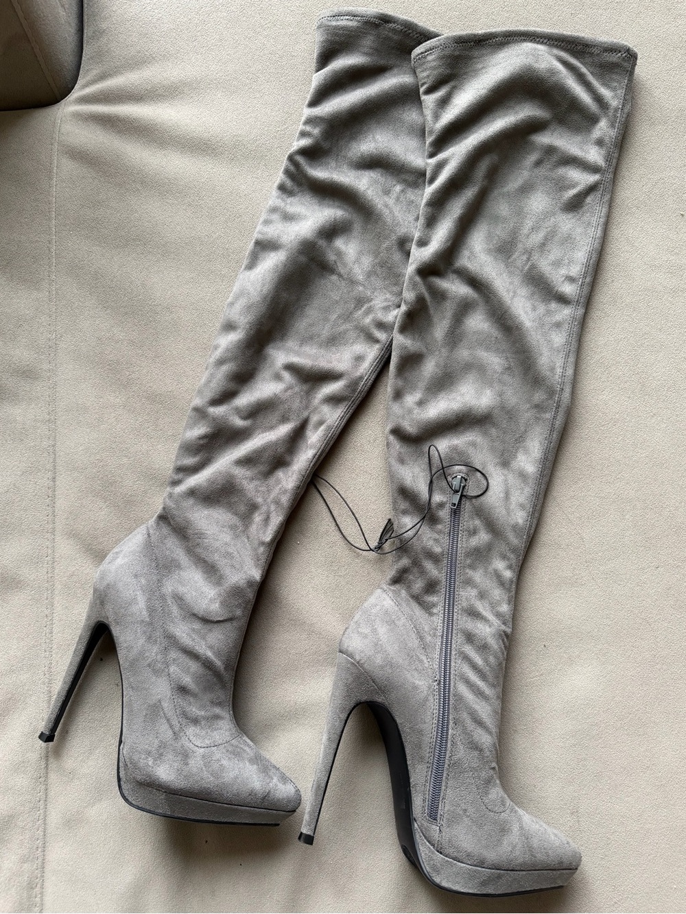 Over-the-Knee Suede High Heel Boots - Gray